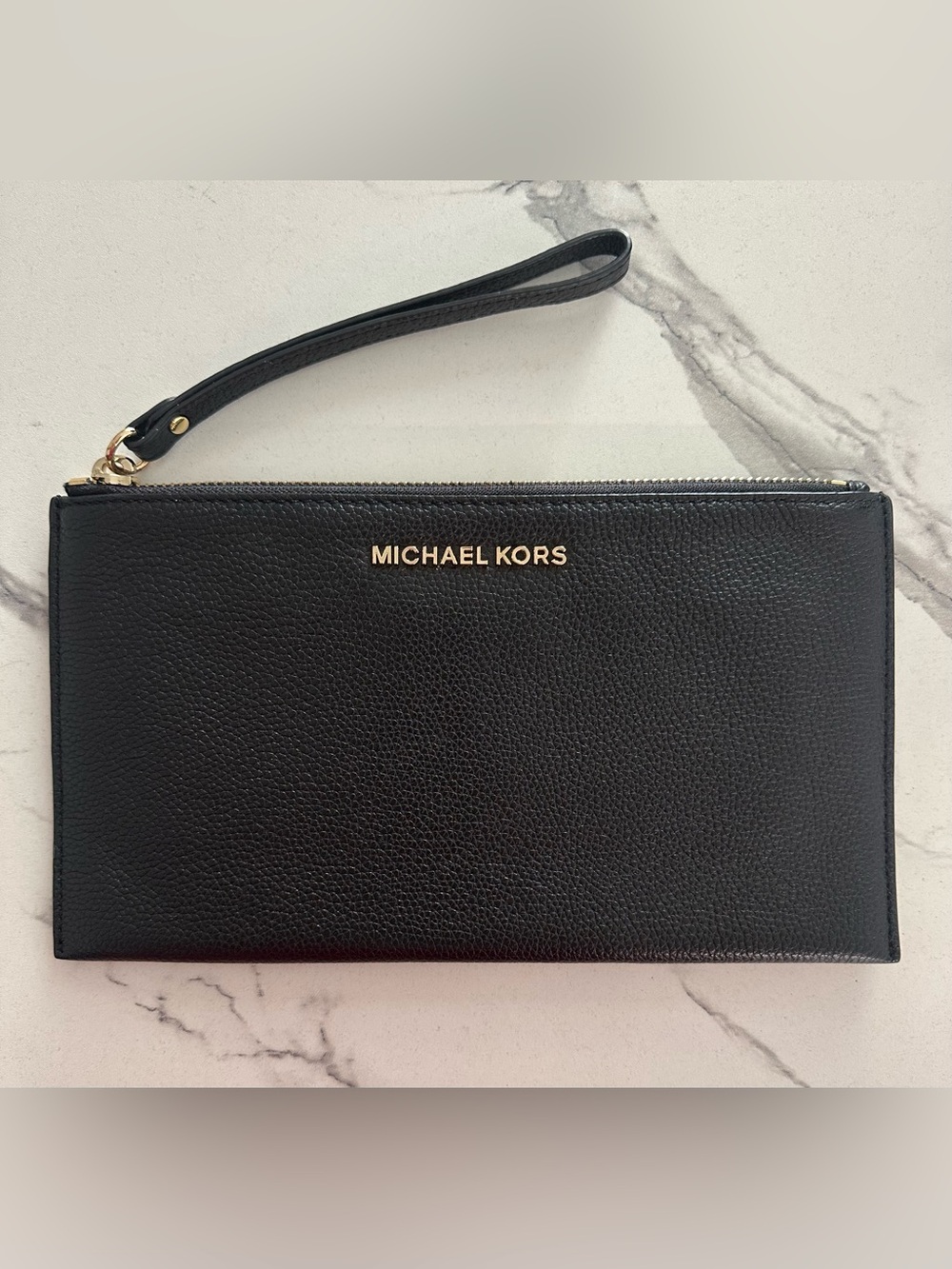 Michael Kors Black Pebbled Leather Wristlet with Gold Logo